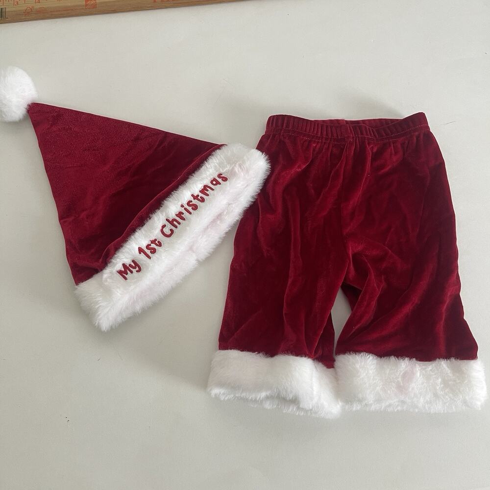 My First Christmas Infant 0-12 Months Red Pants‎ With Hat, Velvet-like Fabric